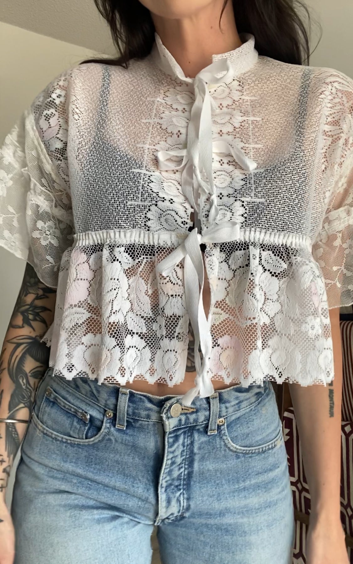 Upcycled Tie-front Frilly Lace Blouse