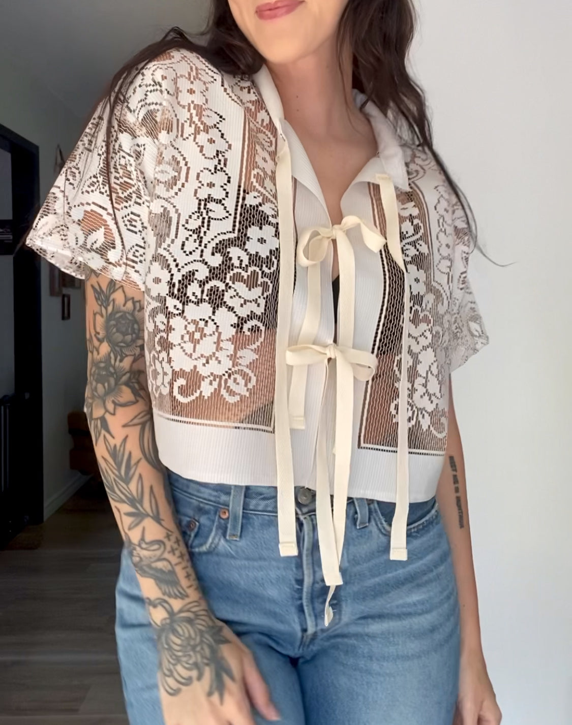 Upcycled Tie-front Lace Blouse