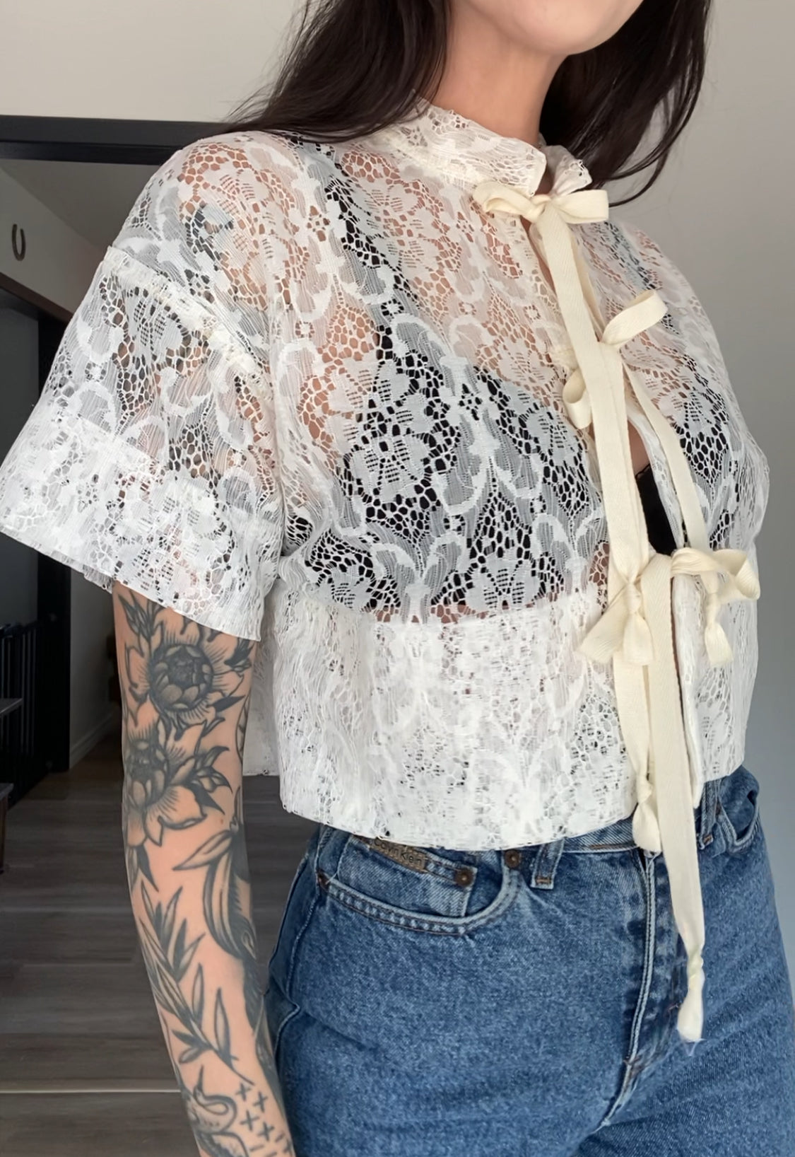 Upcycled Tie-front Lace Blouse