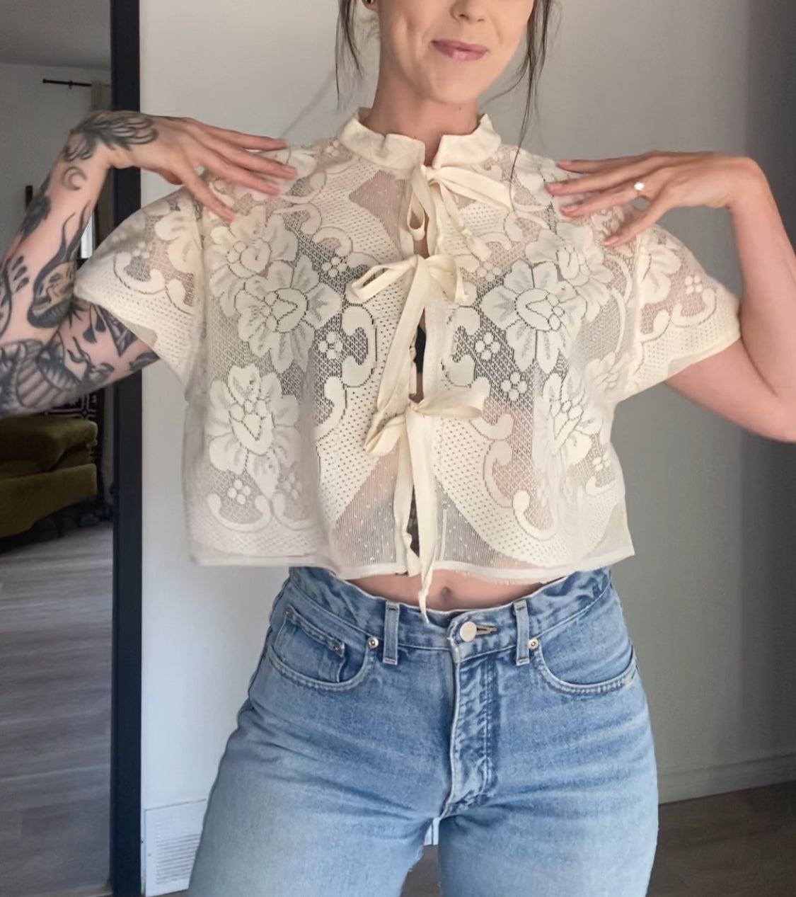 Upcycled Tie-front Lace Blouse II