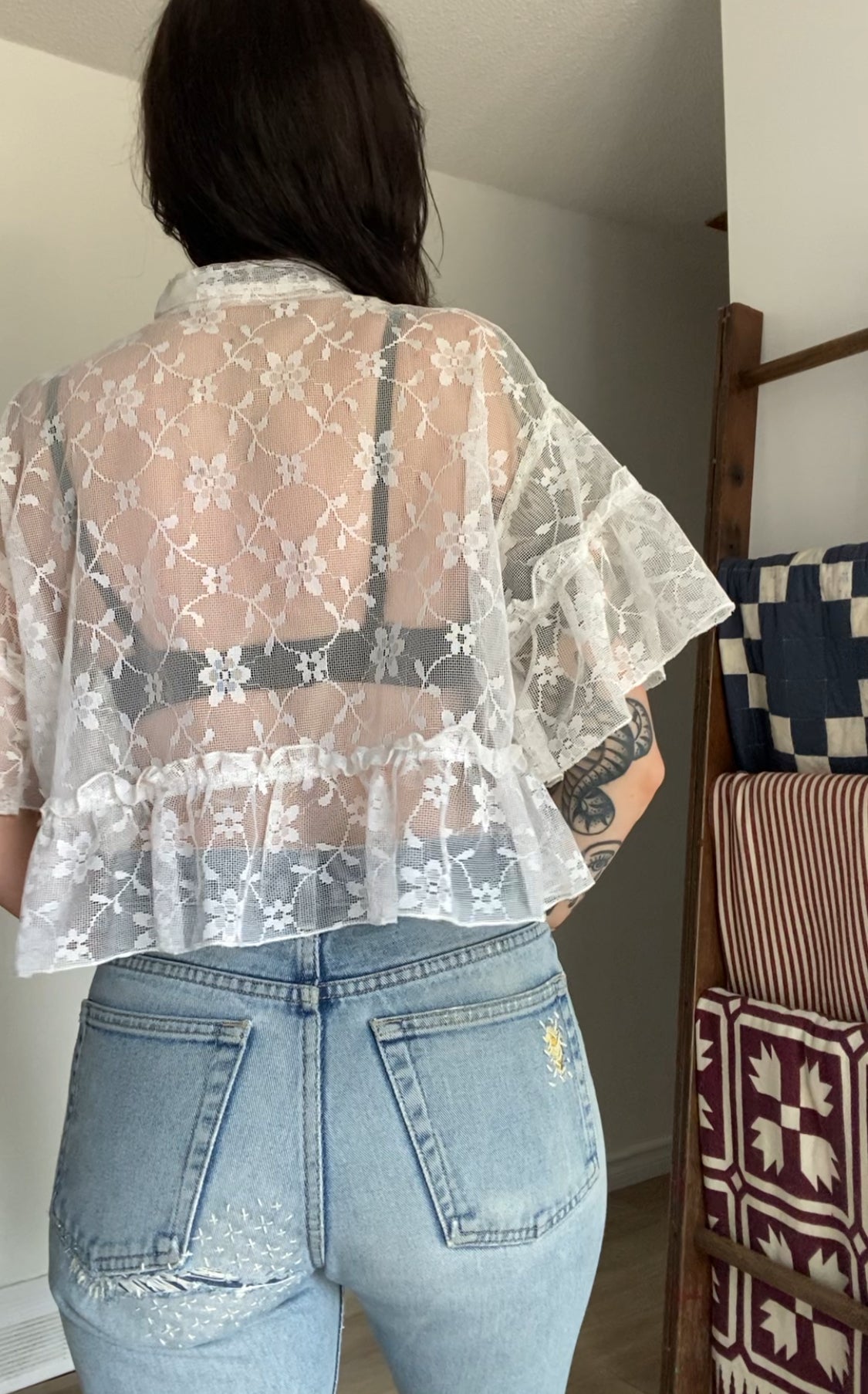 Upcycled Tie-front Frilly Lace Blouse
