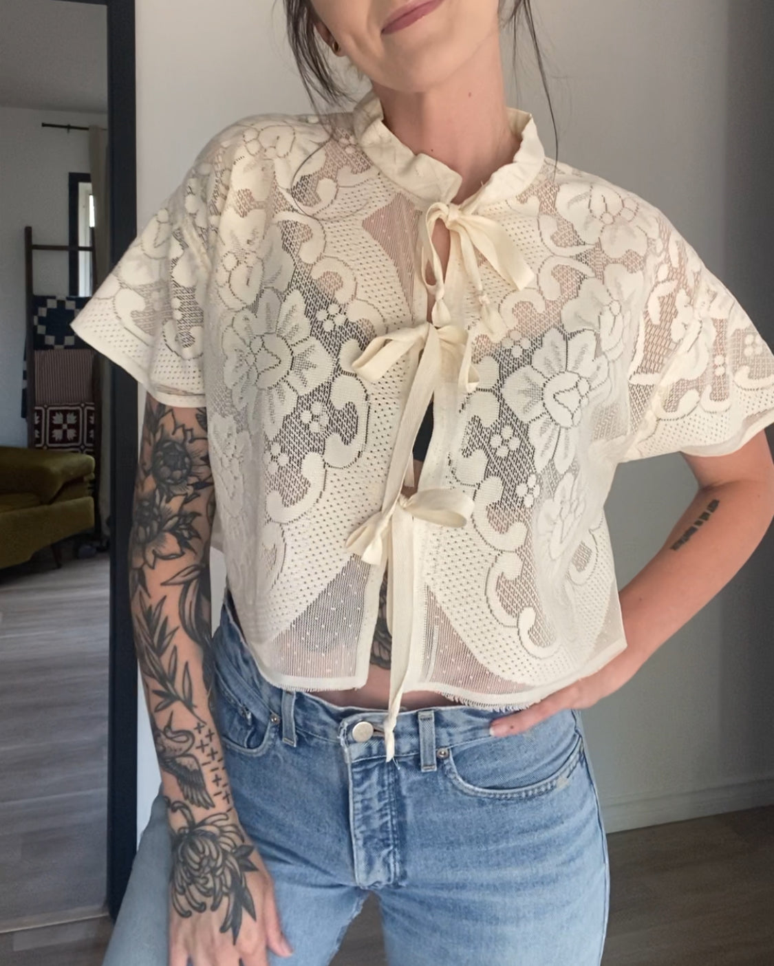 Upcycled Tie-front Lace Blouse II