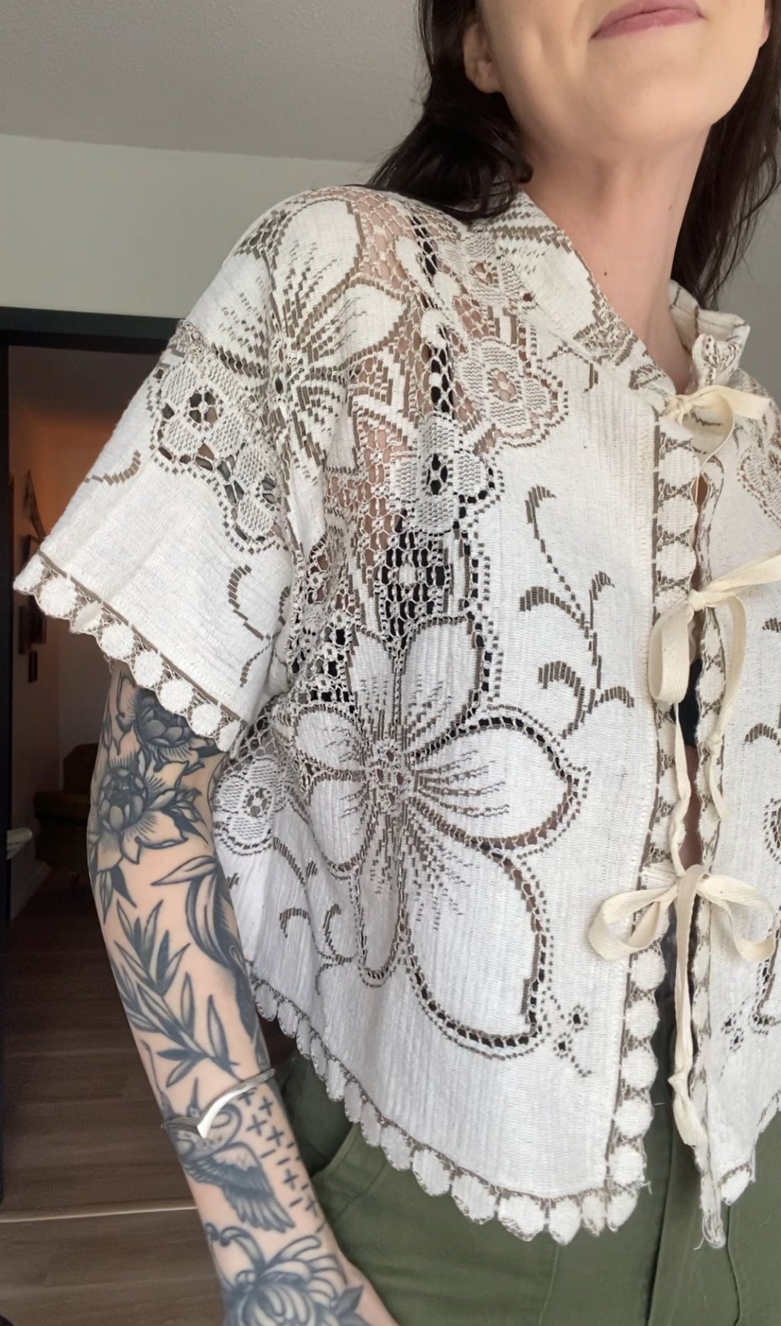 Upcycled Tie-front Lace Blouse