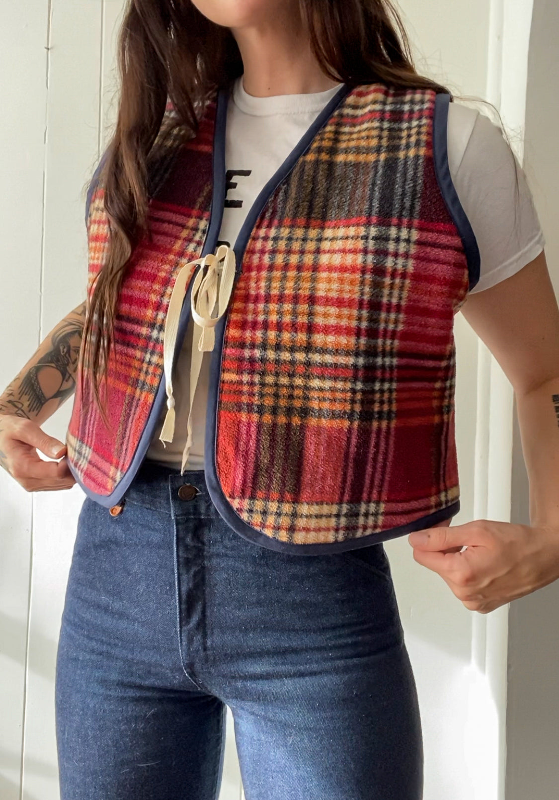 S/M Upcycled Plaid Fleece Vest
