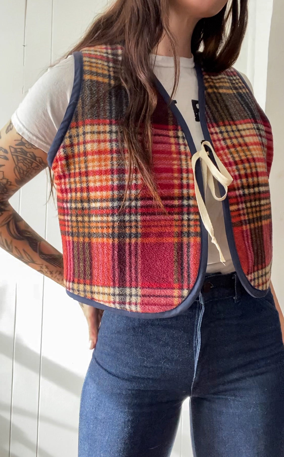 S/M Upcycled Plaid Fleece Vest