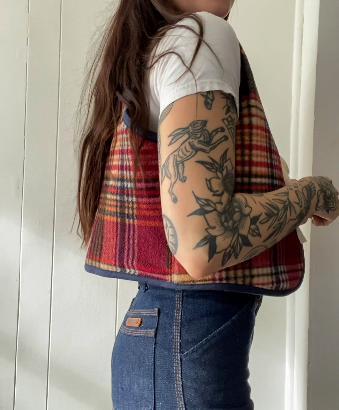 S/M Upcycled Plaid Fleece Vest