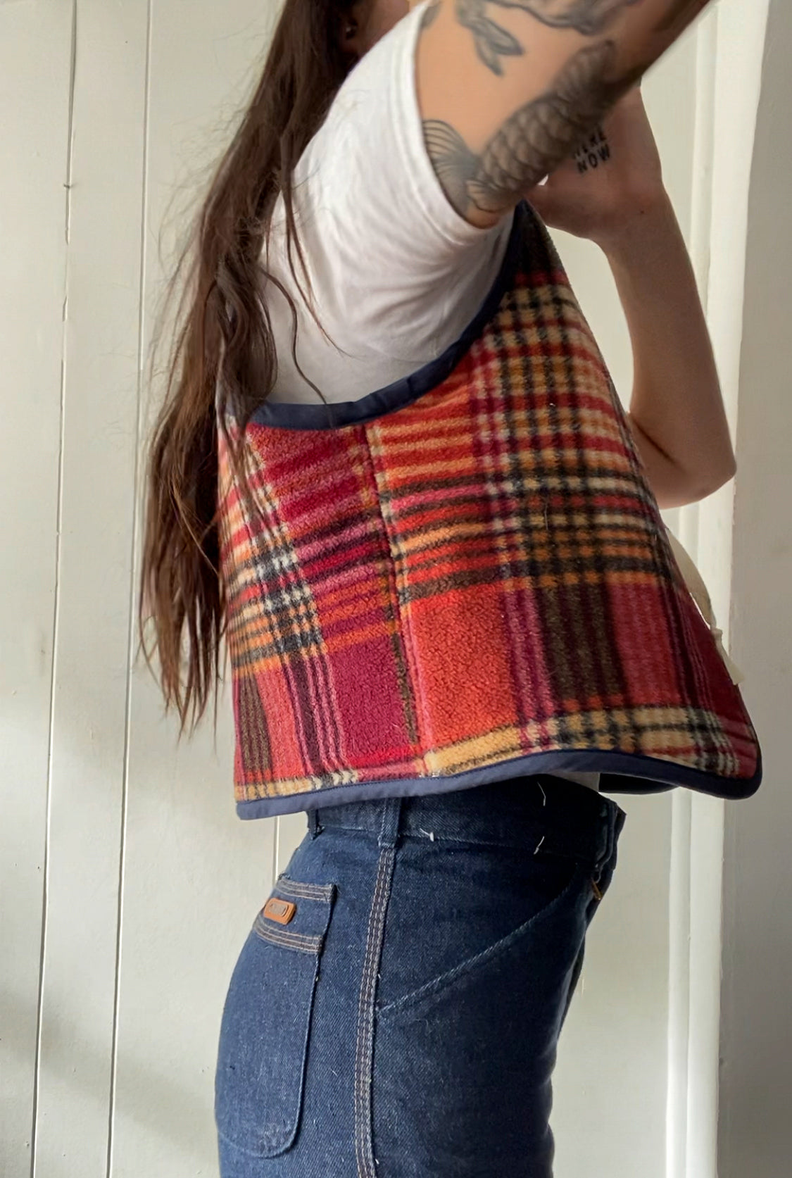 S/M Upcycled Plaid Fleece Vest