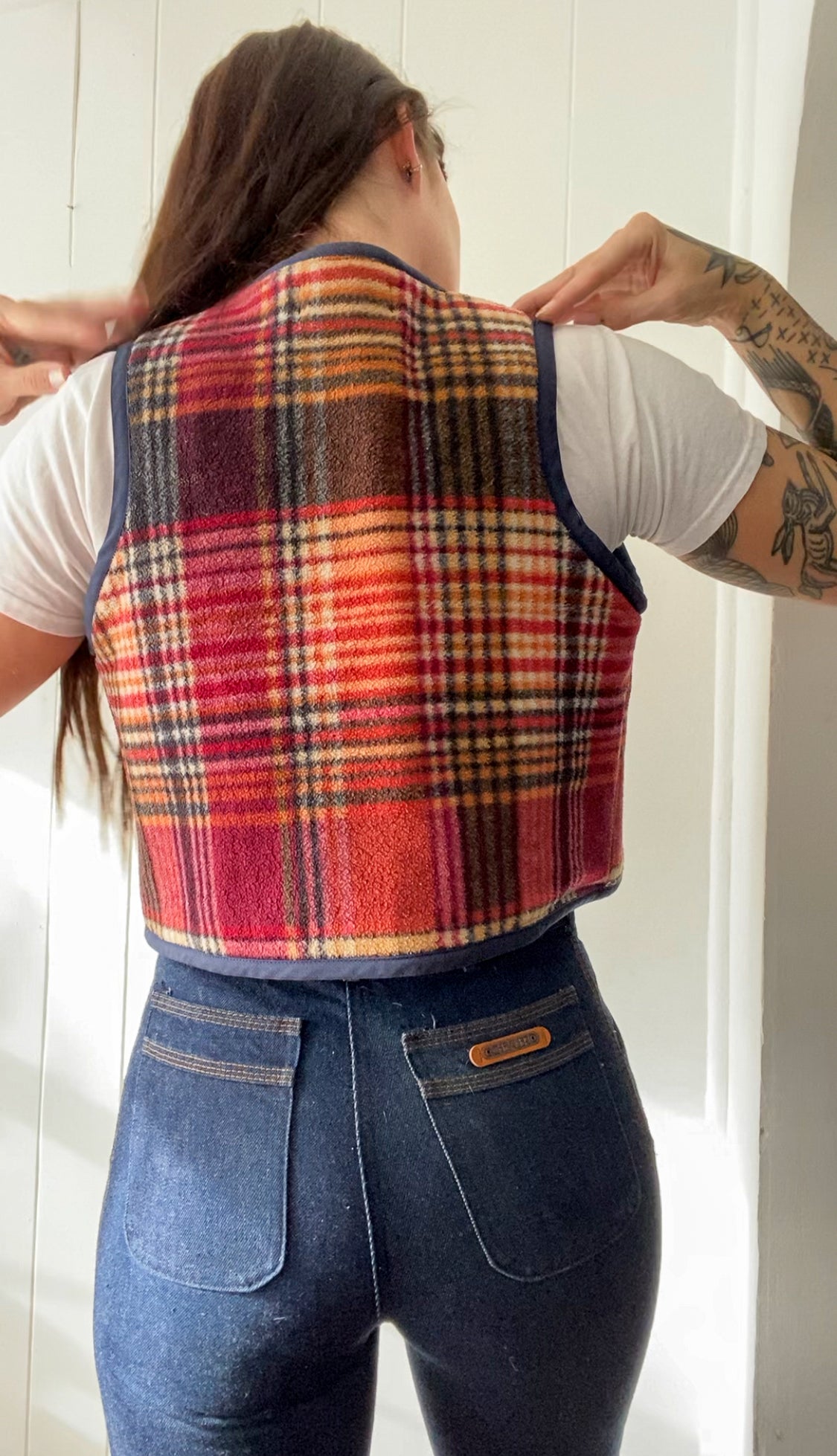 S/M Upcycled Plaid Fleece Vest