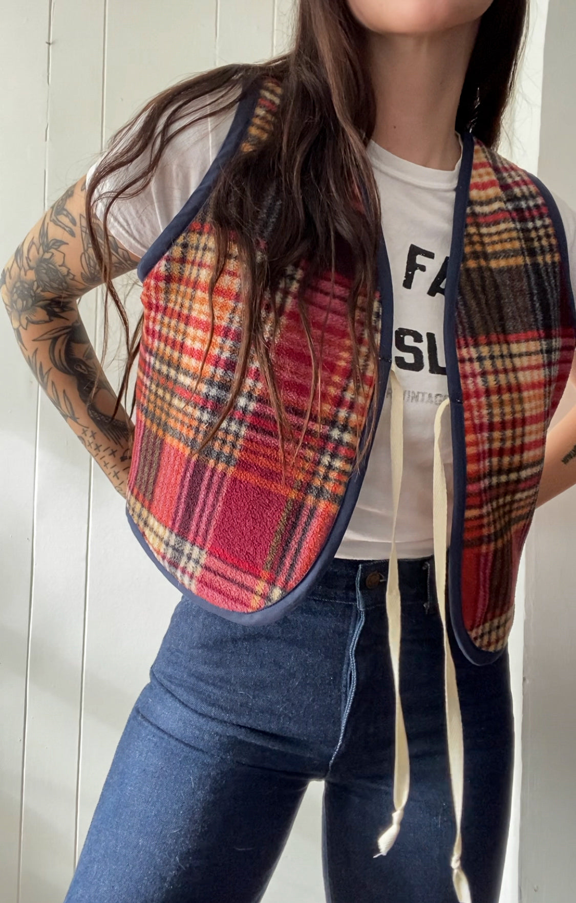 S/M Upcycled Plaid Fleece Vest