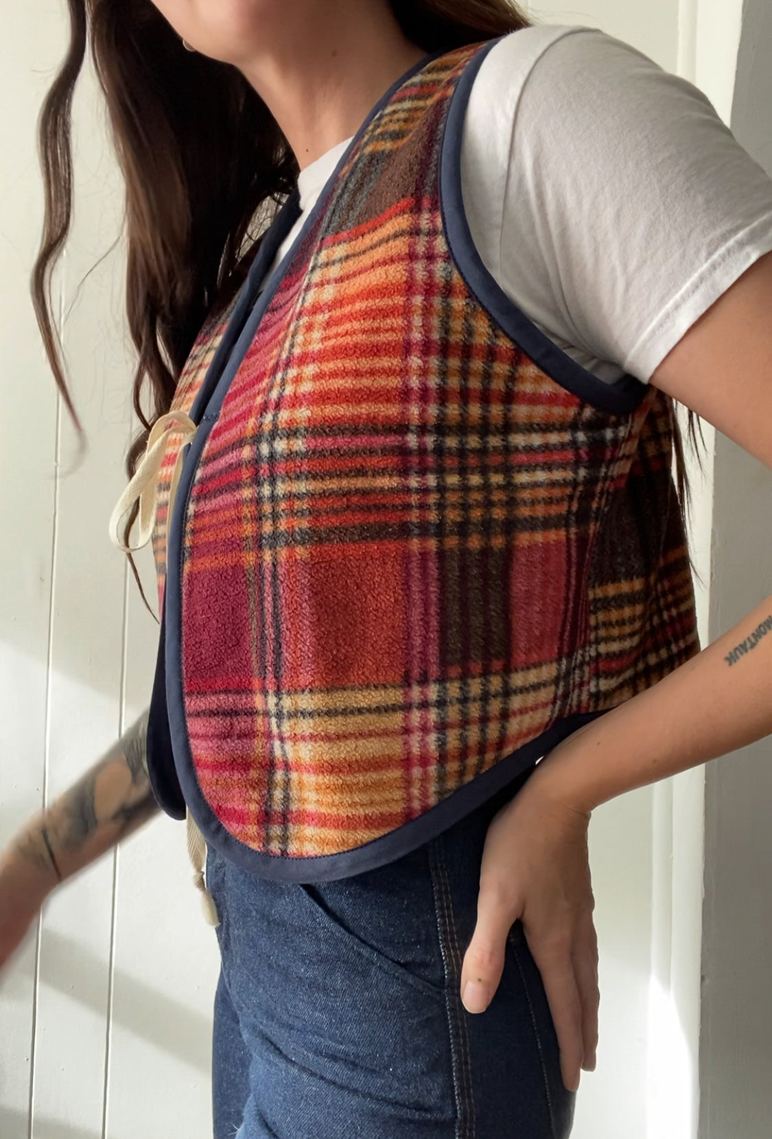 S/M Upcycled Plaid Fleece Vest