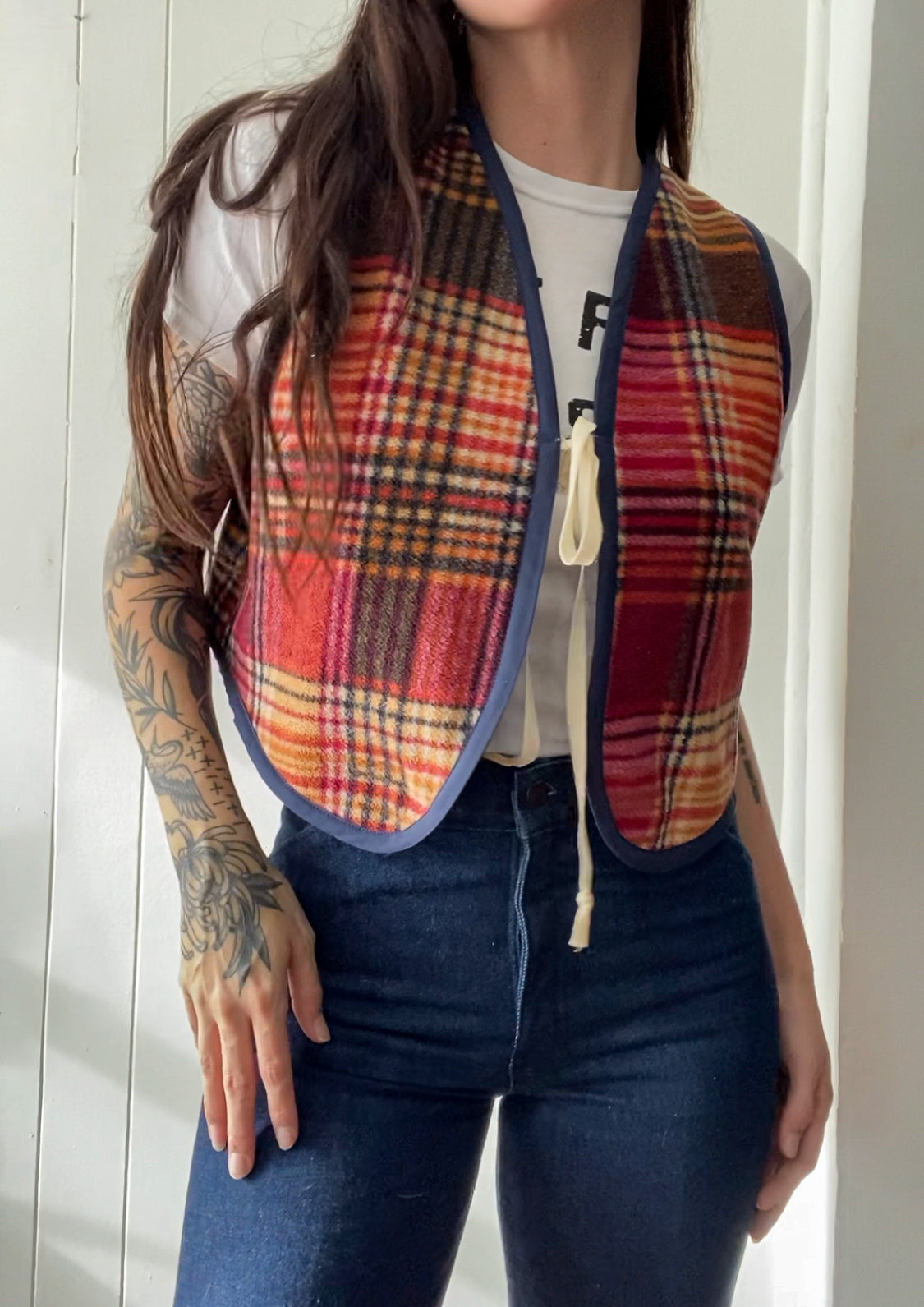 S/M Upcycled Plaid Fleece Vest
