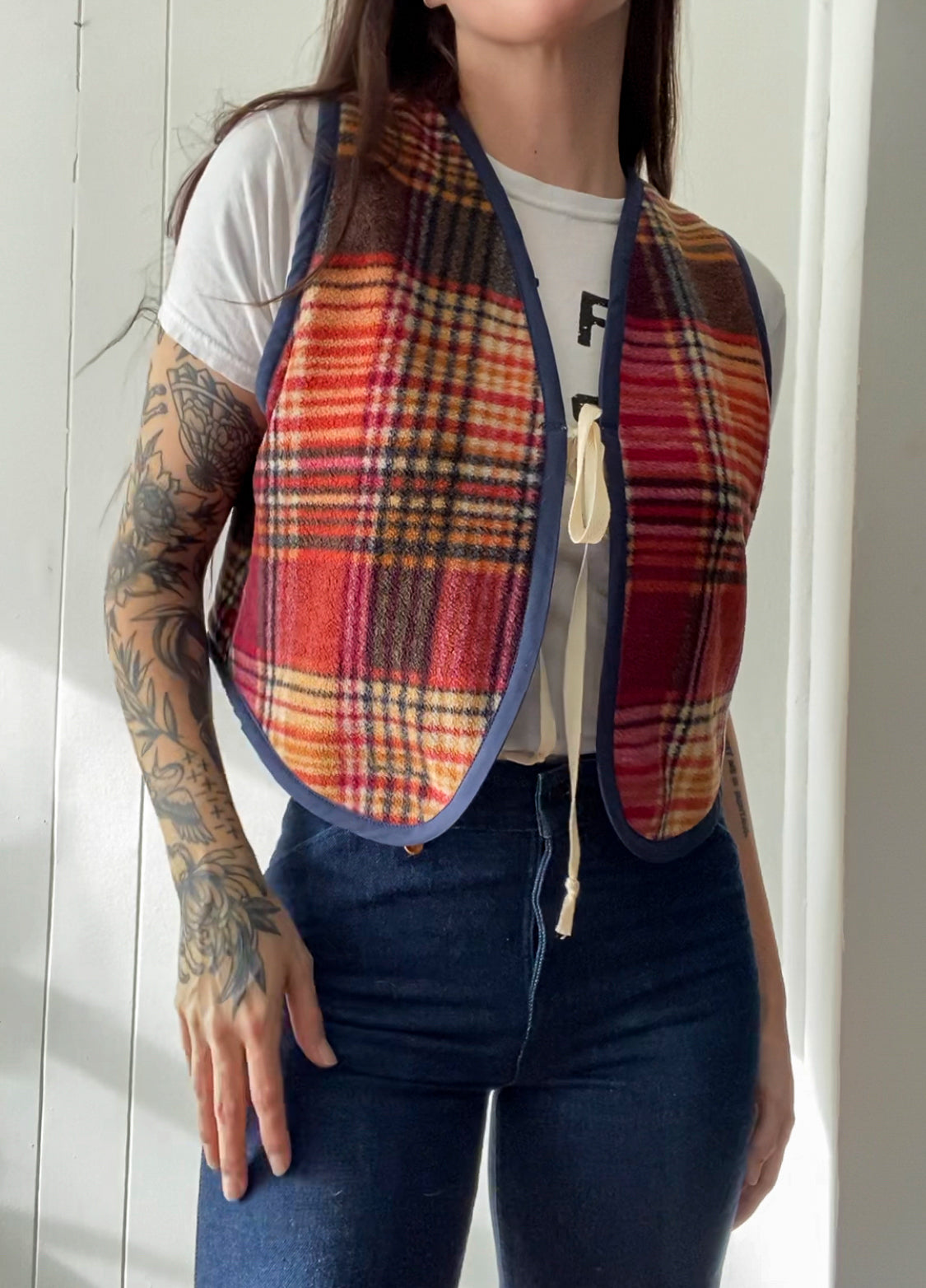 S/M Upcycled Plaid Fleece Vest