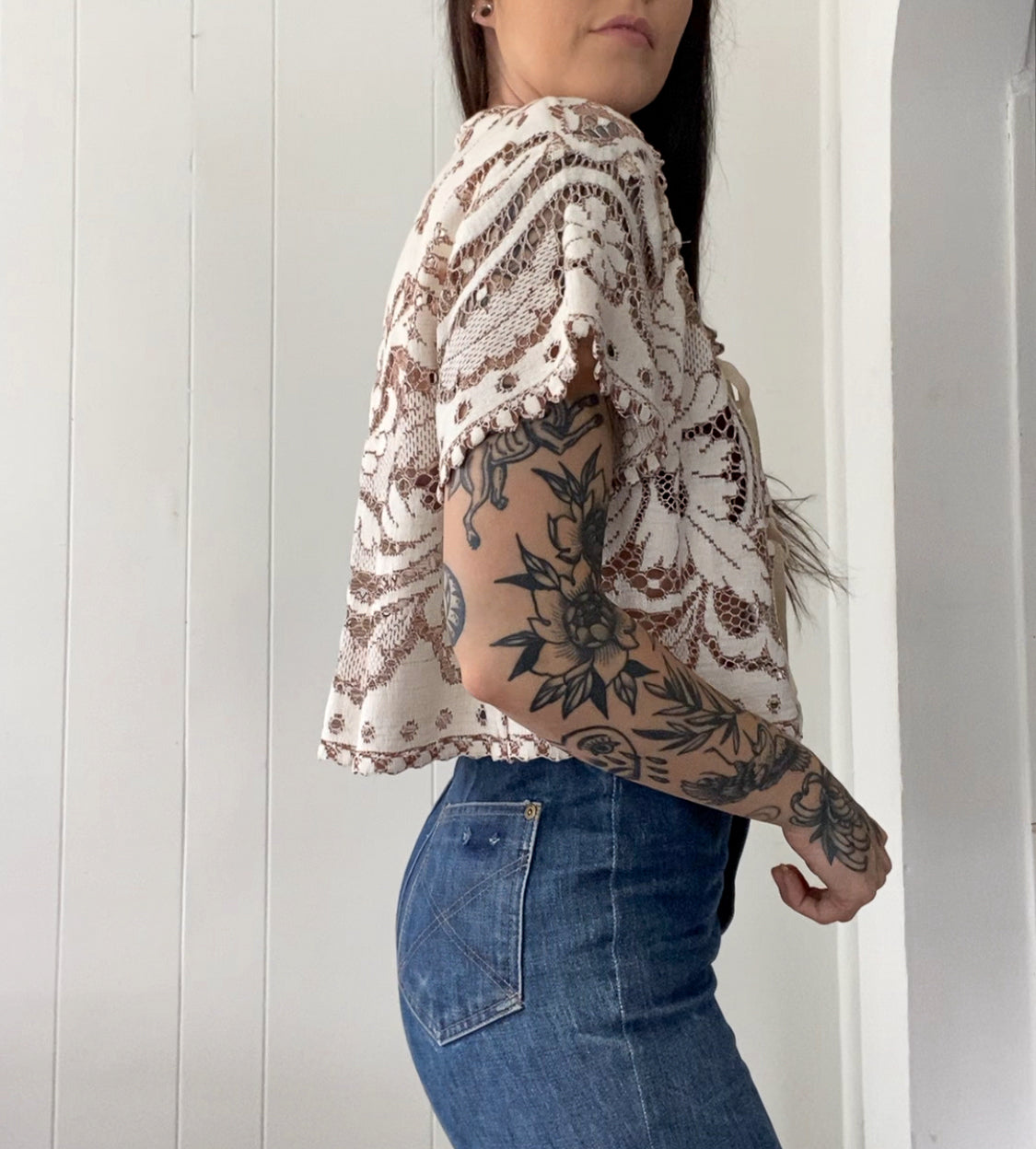 Upcycled Tie Front Lace Blouse