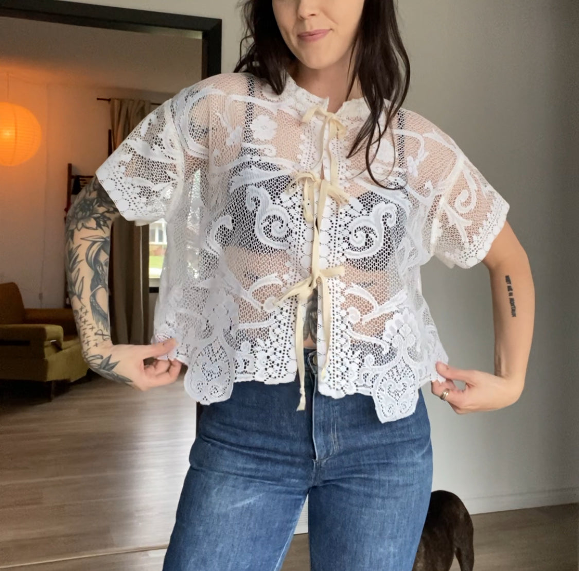 Upcycled Tie-front Lace Blouse