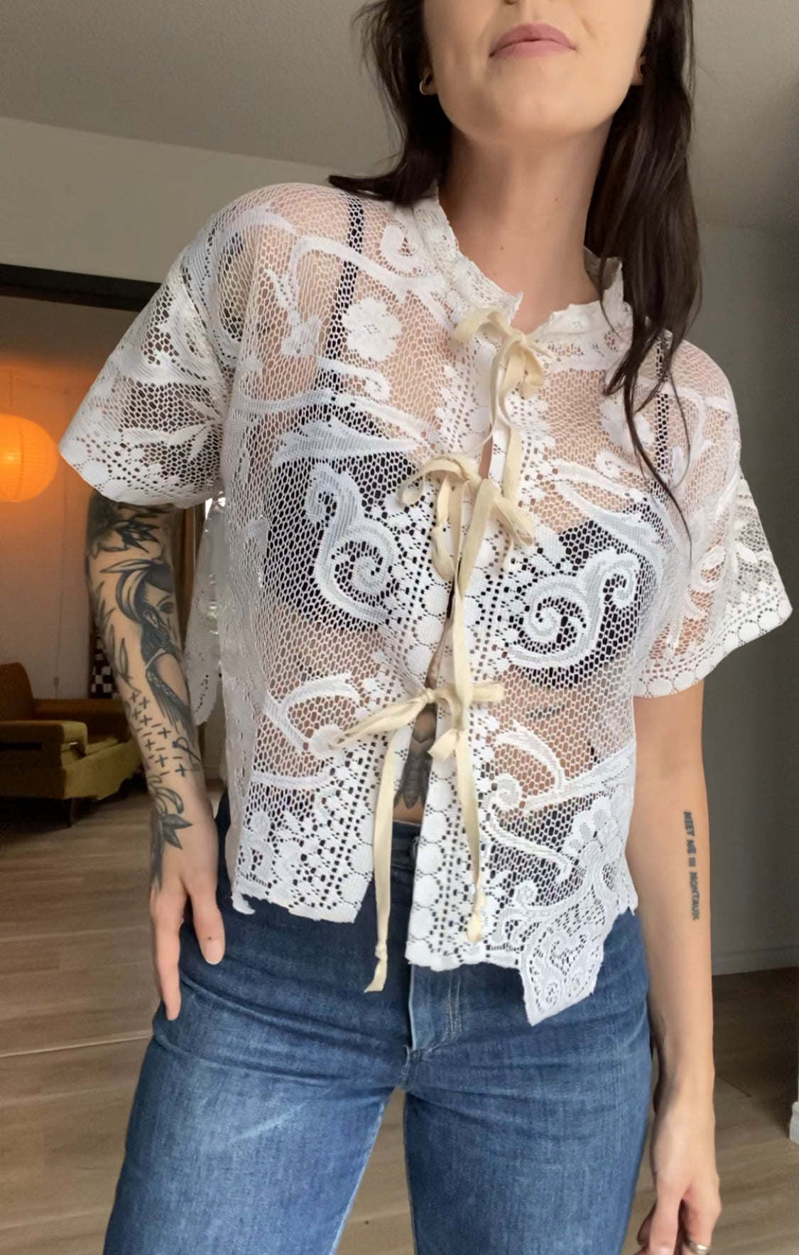 Upcycled Tie-front Lace Blouse