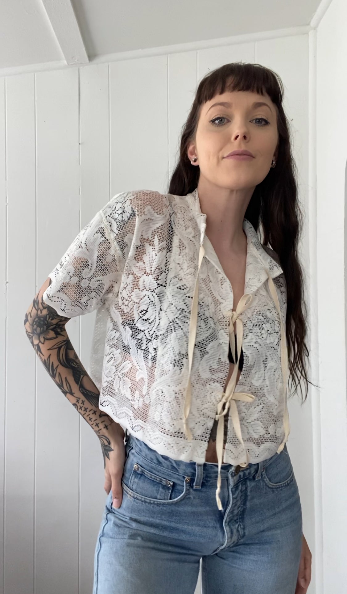 Upcycled Tie Front Lace Blouse