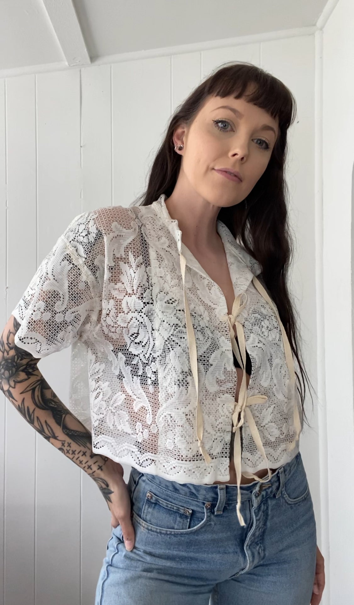 Upcycled Tie Front Lace Blouse