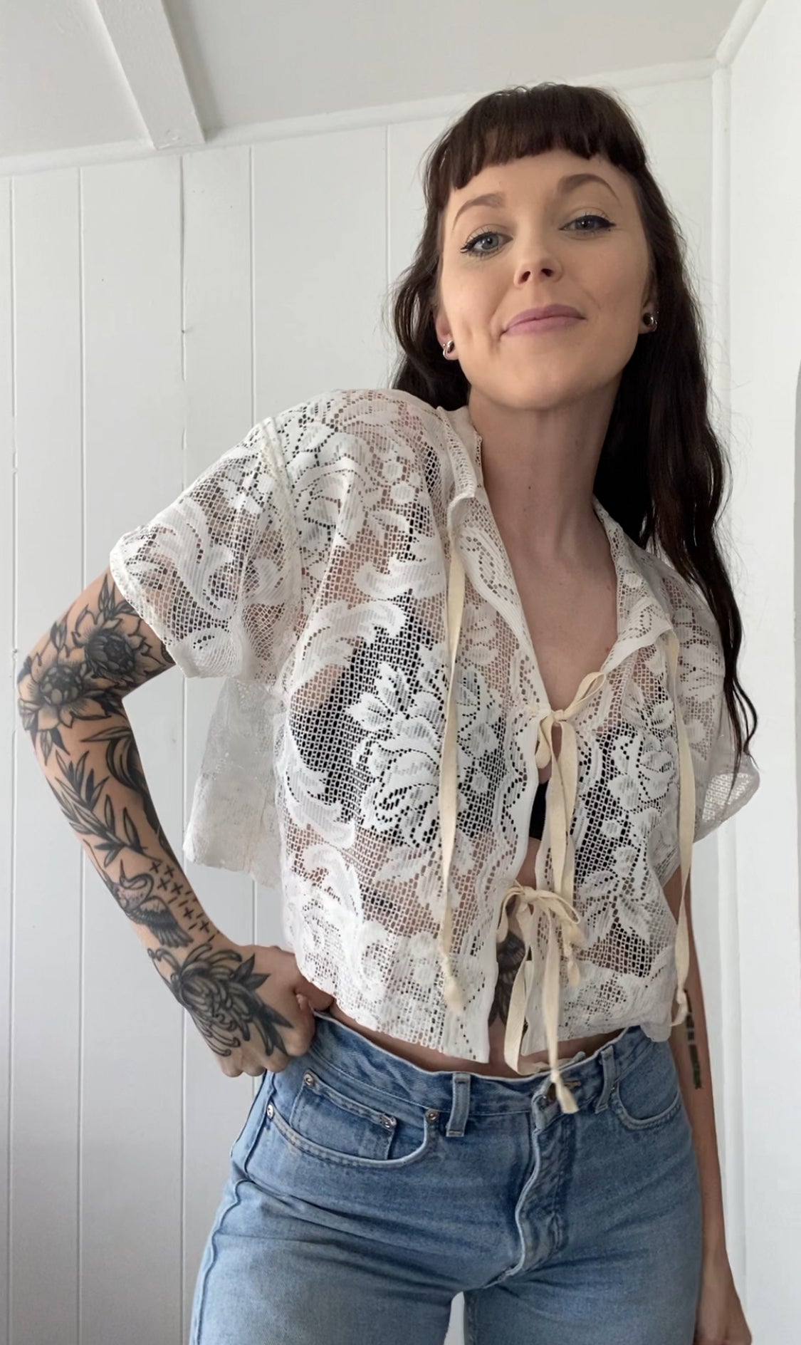 Upcycled Tie Front Lace Blouse