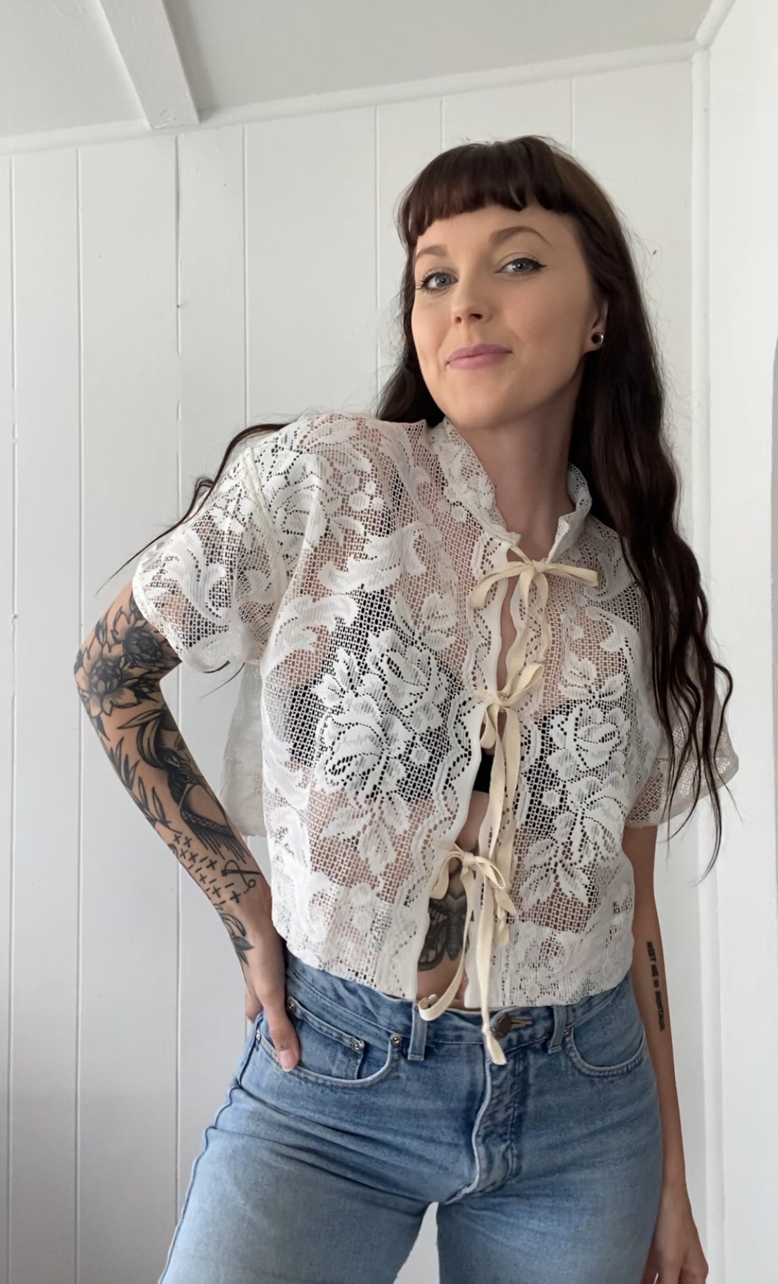 Upcycled Tie Front Lace Blouse