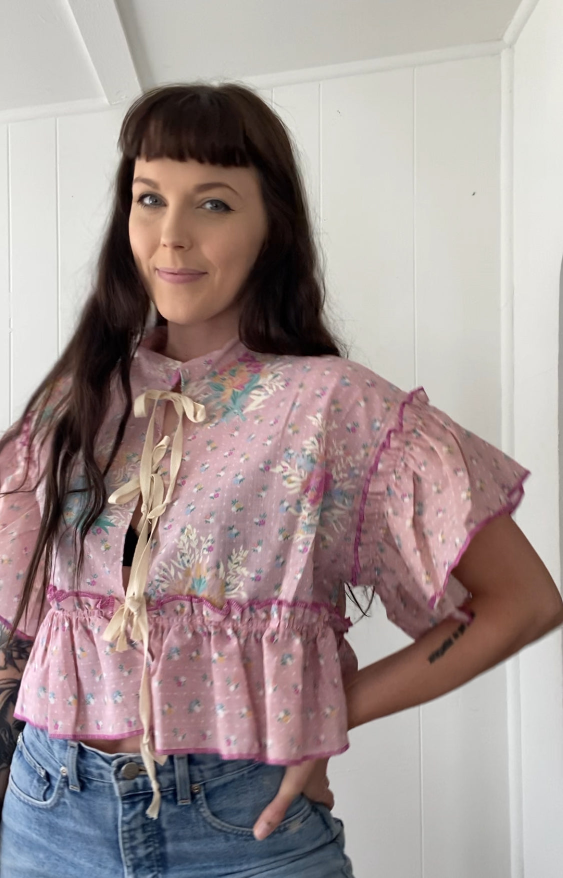 Upcycled Tie Front Blouse