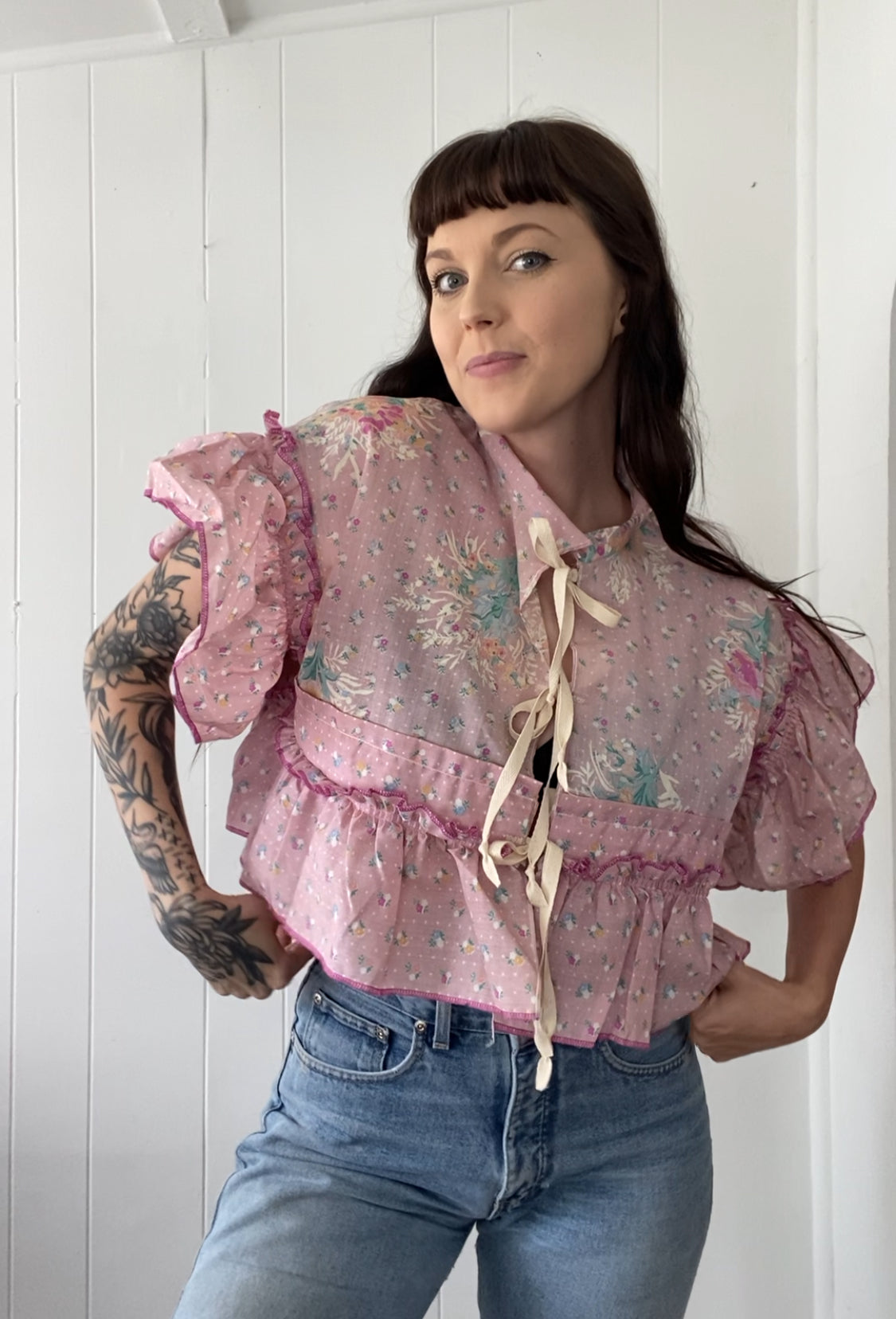 Upcycled Tie Front Blouse