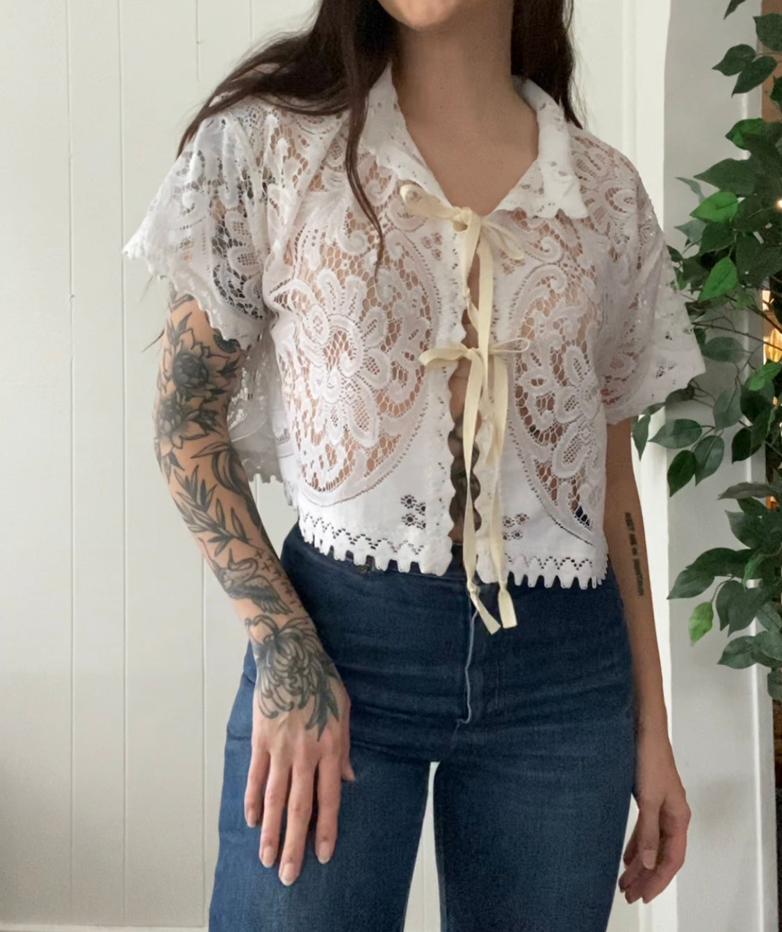 (S/M) Upcycled Tie Front Lace Blouse