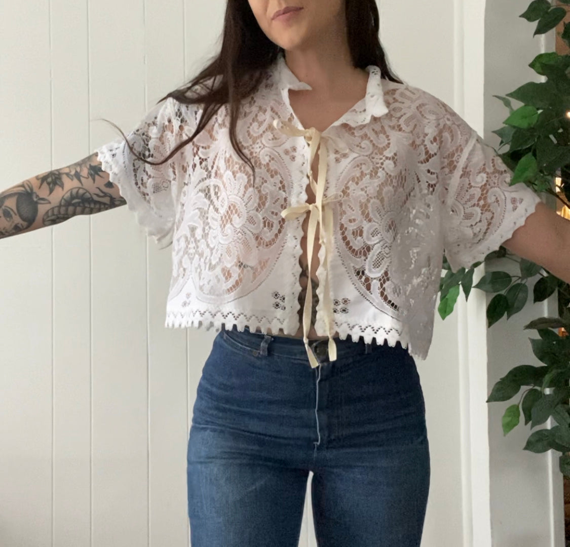 (S/M) Upcycled Tie Front Lace Blouse