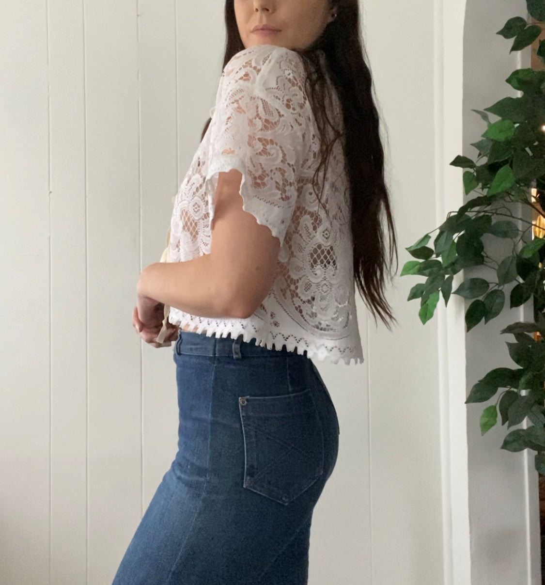 (S/M) Upcycled Tie Front Lace Blouse