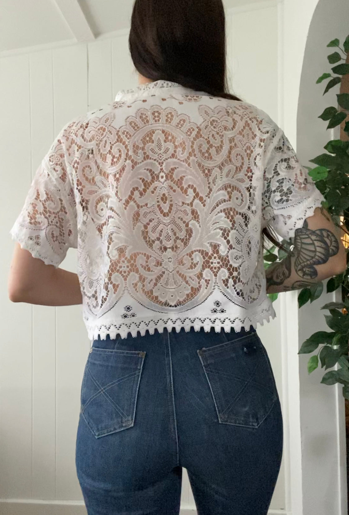 (S/M) Upcycled Tie Front Lace Blouse