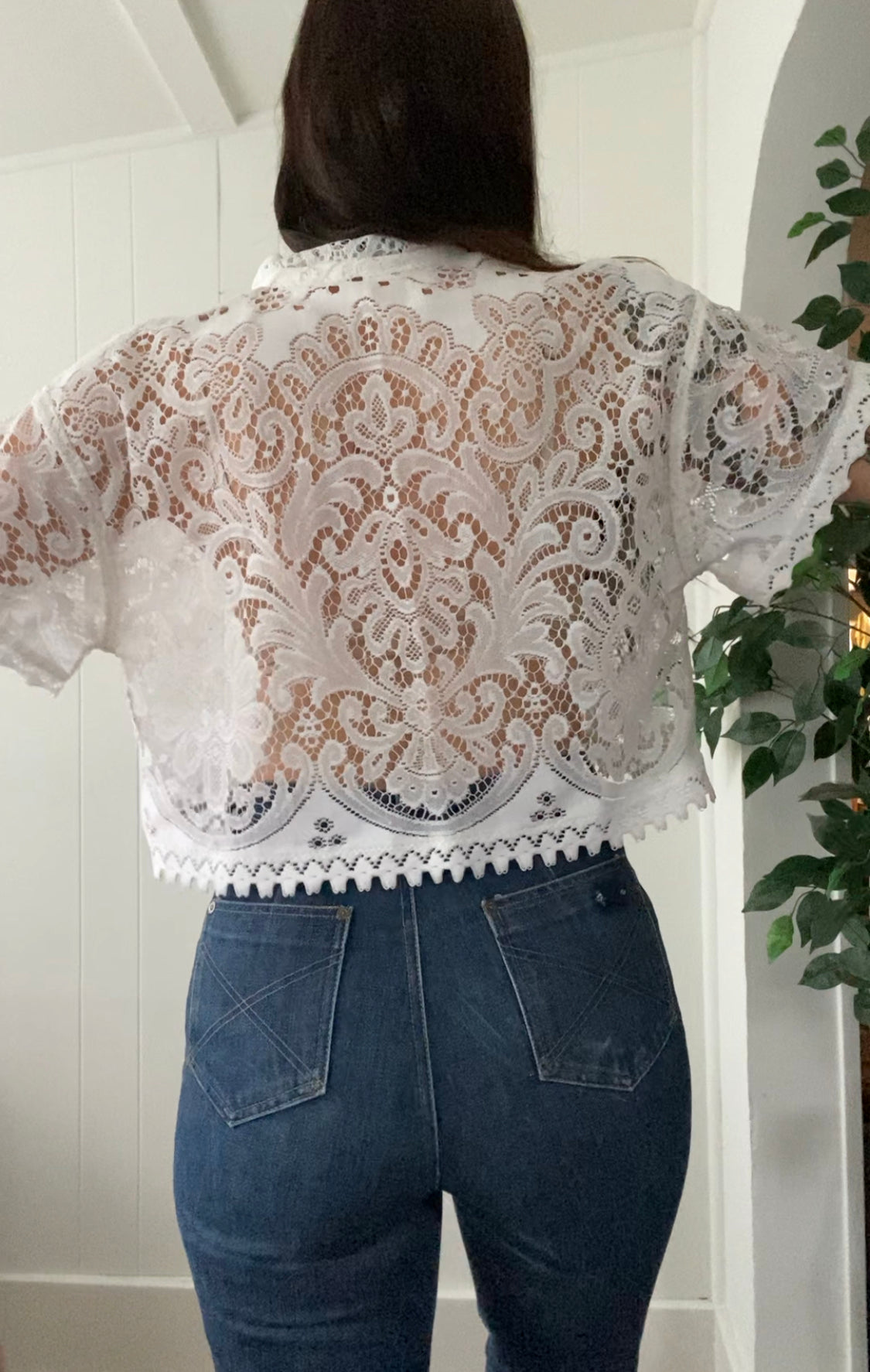 (S/M) Upcycled Tie Front Lace Blouse