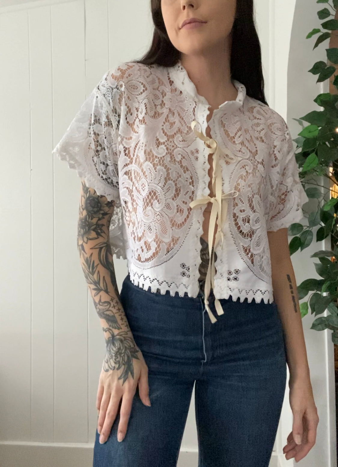 (S/M) Upcycled Tie Front Lace Blouse
