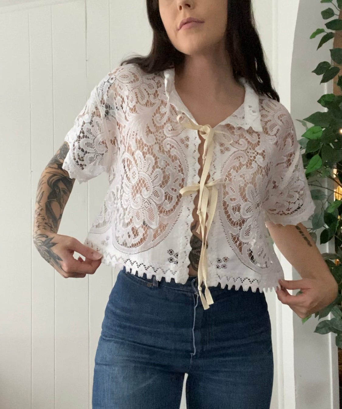 (S/M) Upcycled Tie Front Lace Blouse