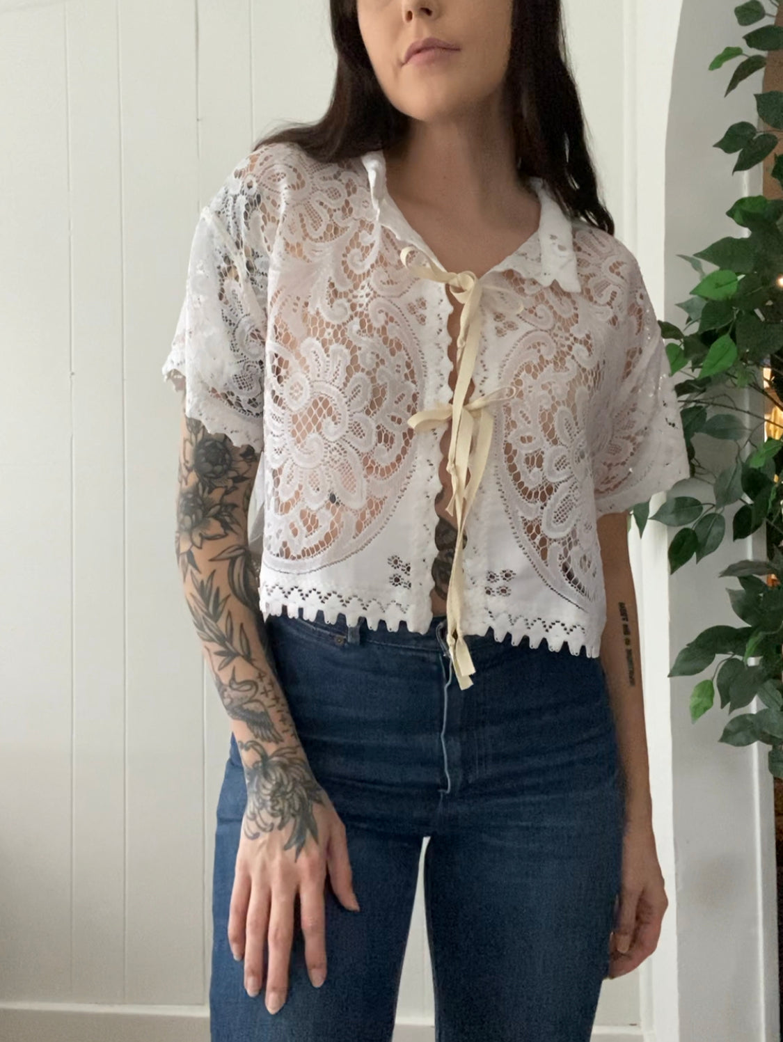 (S/M) Upcycled Tie Front Lace Blouse