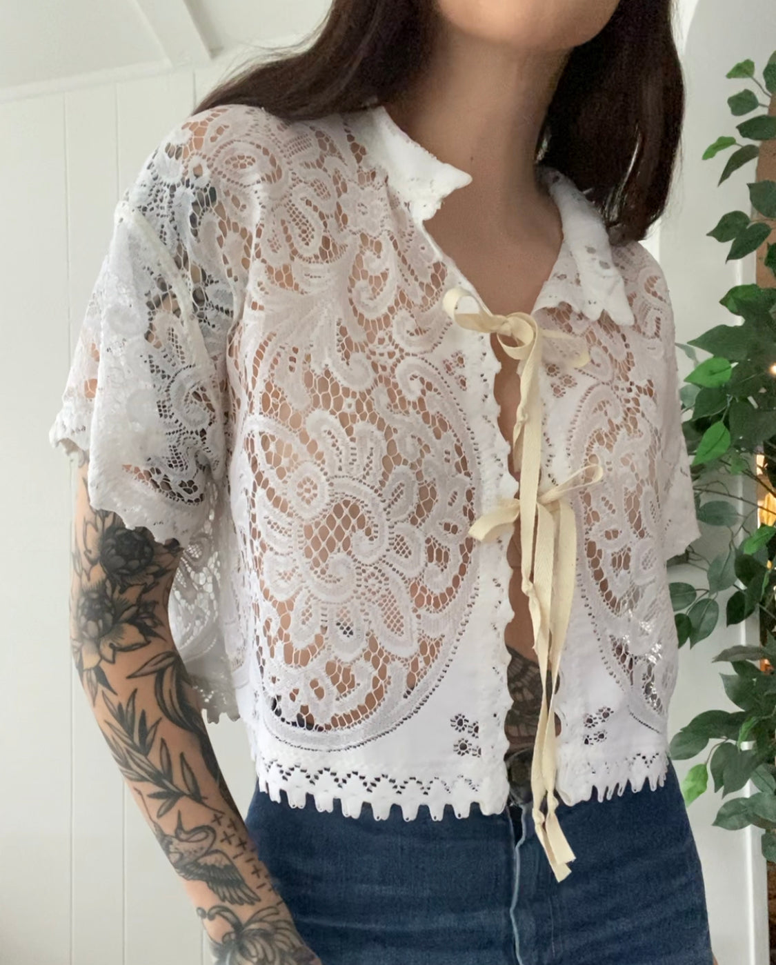 (S/M) Upcycled Tie Front Lace Blouse