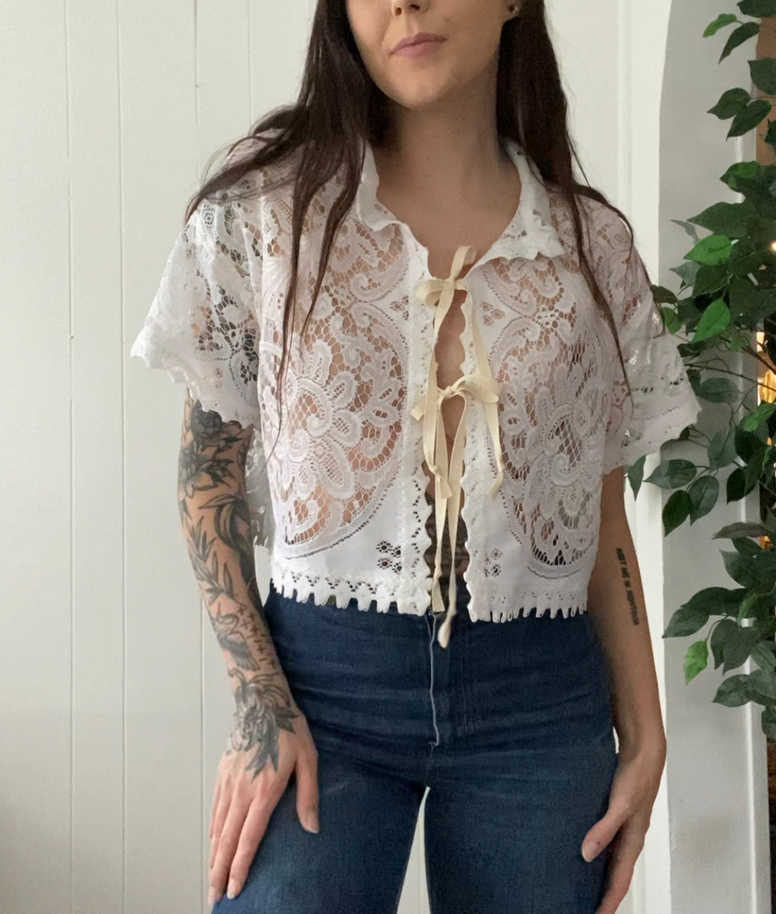 (M/L) Upcycled Tie Front Lace Blouse