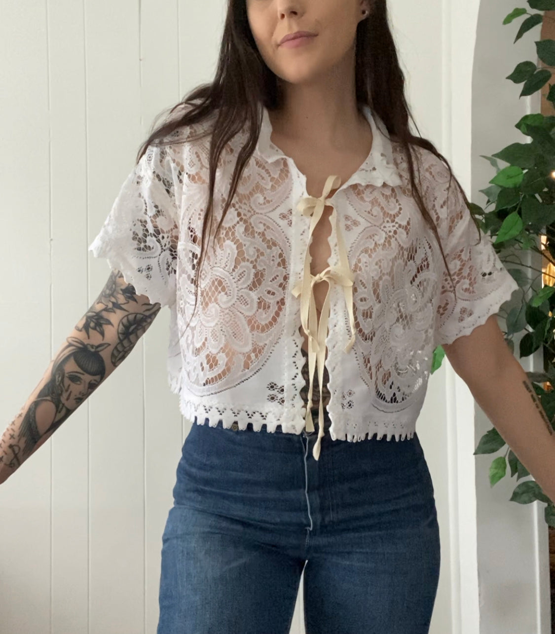(M/L) Upcycled Tie Front Lace Blouse