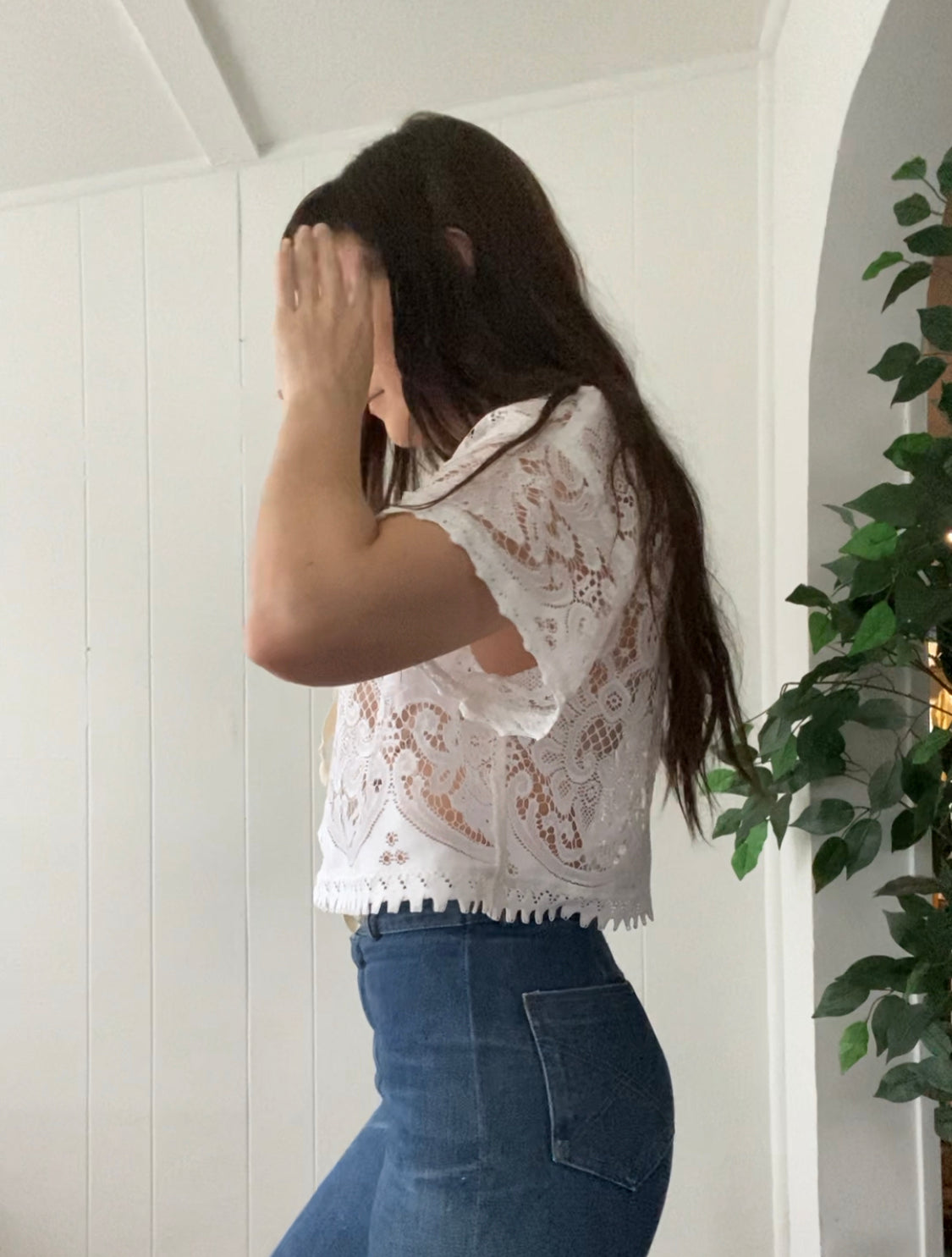 (M/L) Upcycled Tie Front Lace Blouse