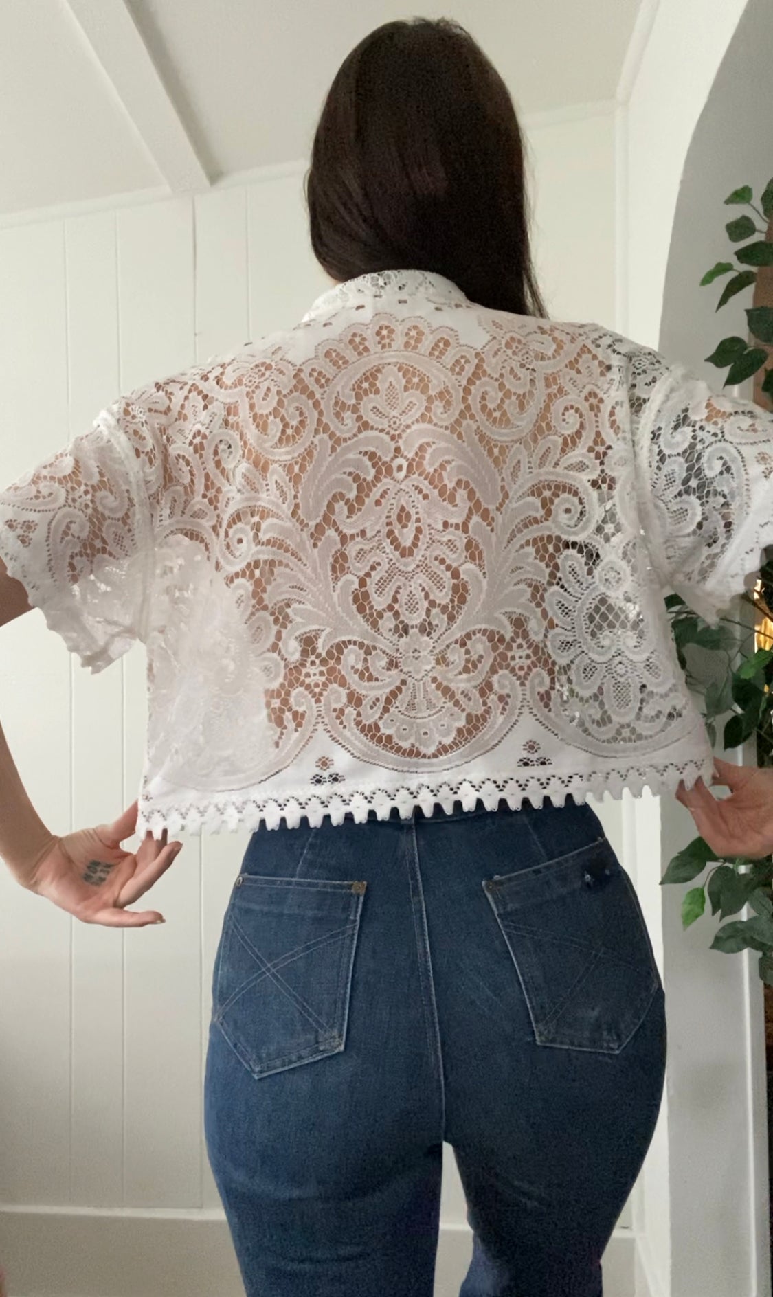 (M/L) Upcycled Tie Front Lace Blouse