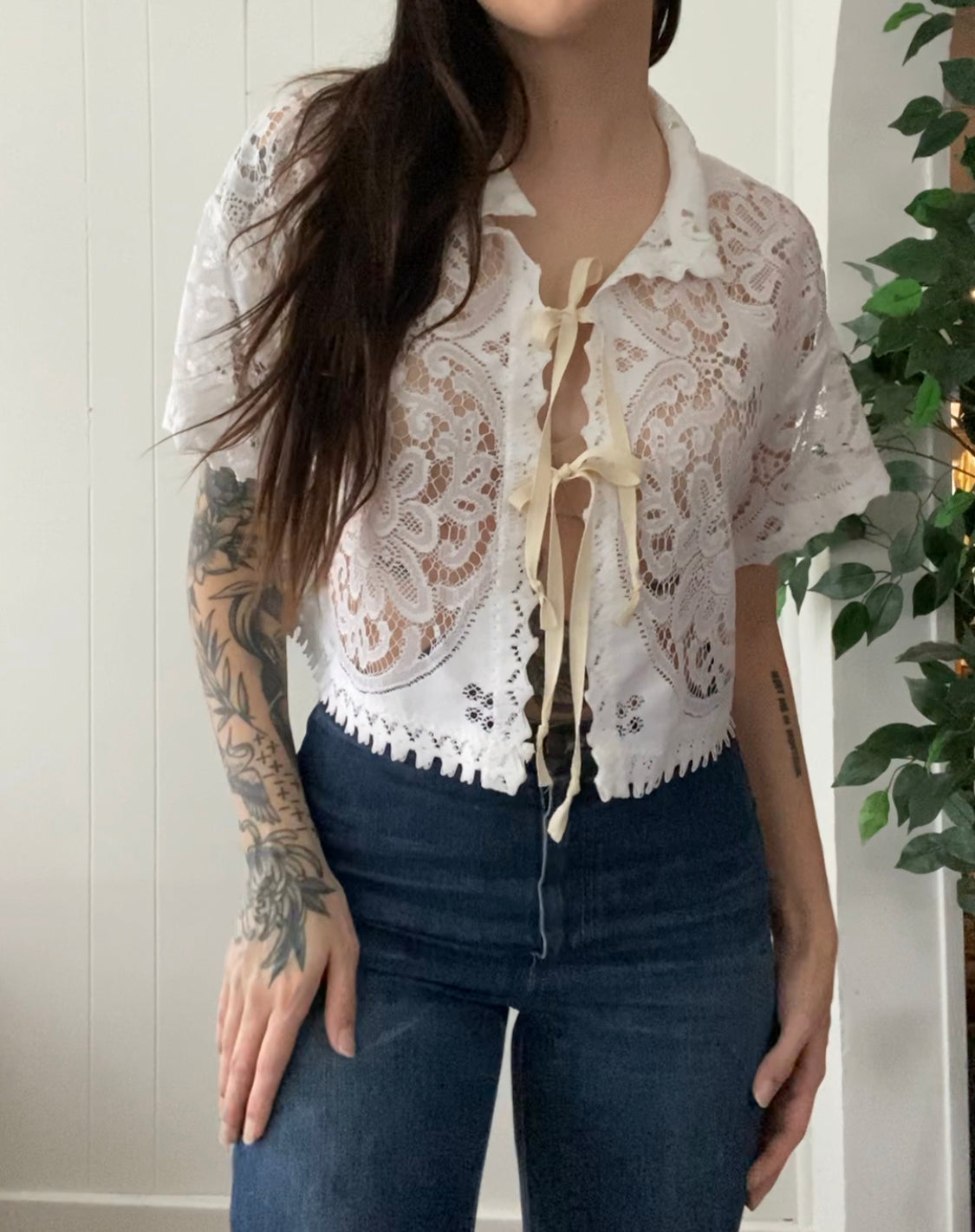 (M/L) Upcycled Tie Front Lace Blouse