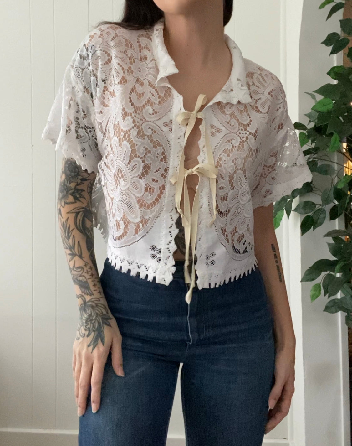 (M/L) Upcycled Tie Front Lace Blouse