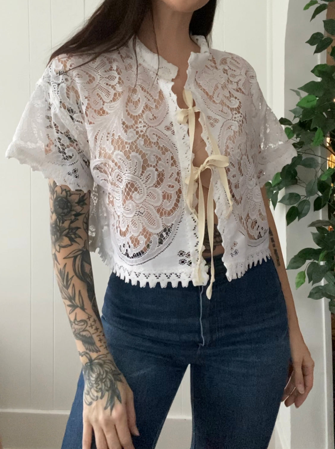 (M/L) Upcycled Tie Front Lace Blouse
