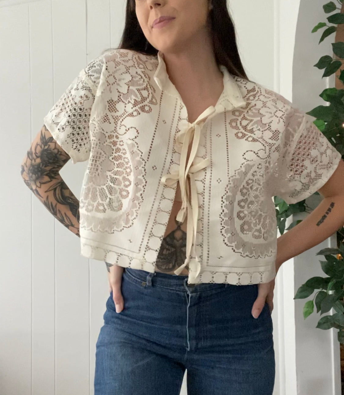 (S/M) Upcycled Tie Front Lace Blouse