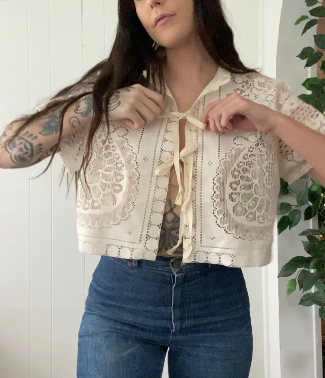 (S/M) Upcycled Tie Front Lace Blouse
