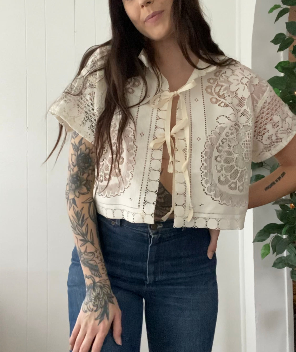 (S/M) Upcycled Tie Front Lace Blouse