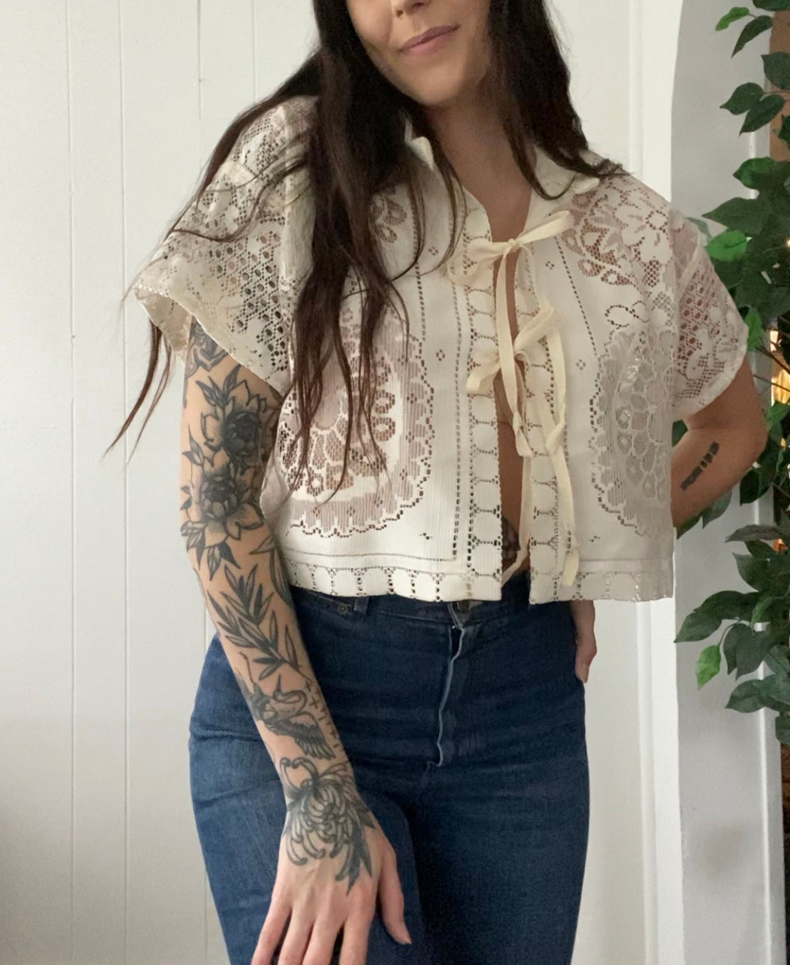 (S/M) Upcycled Tie Front Lace Blouse