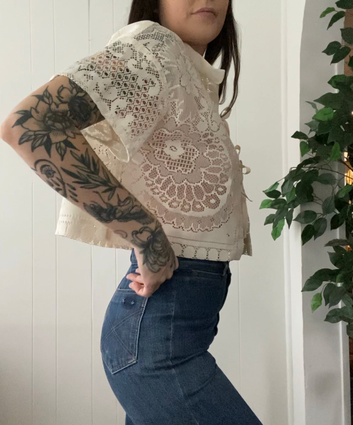 (S/M) Upcycled Tie Front Lace Blouse