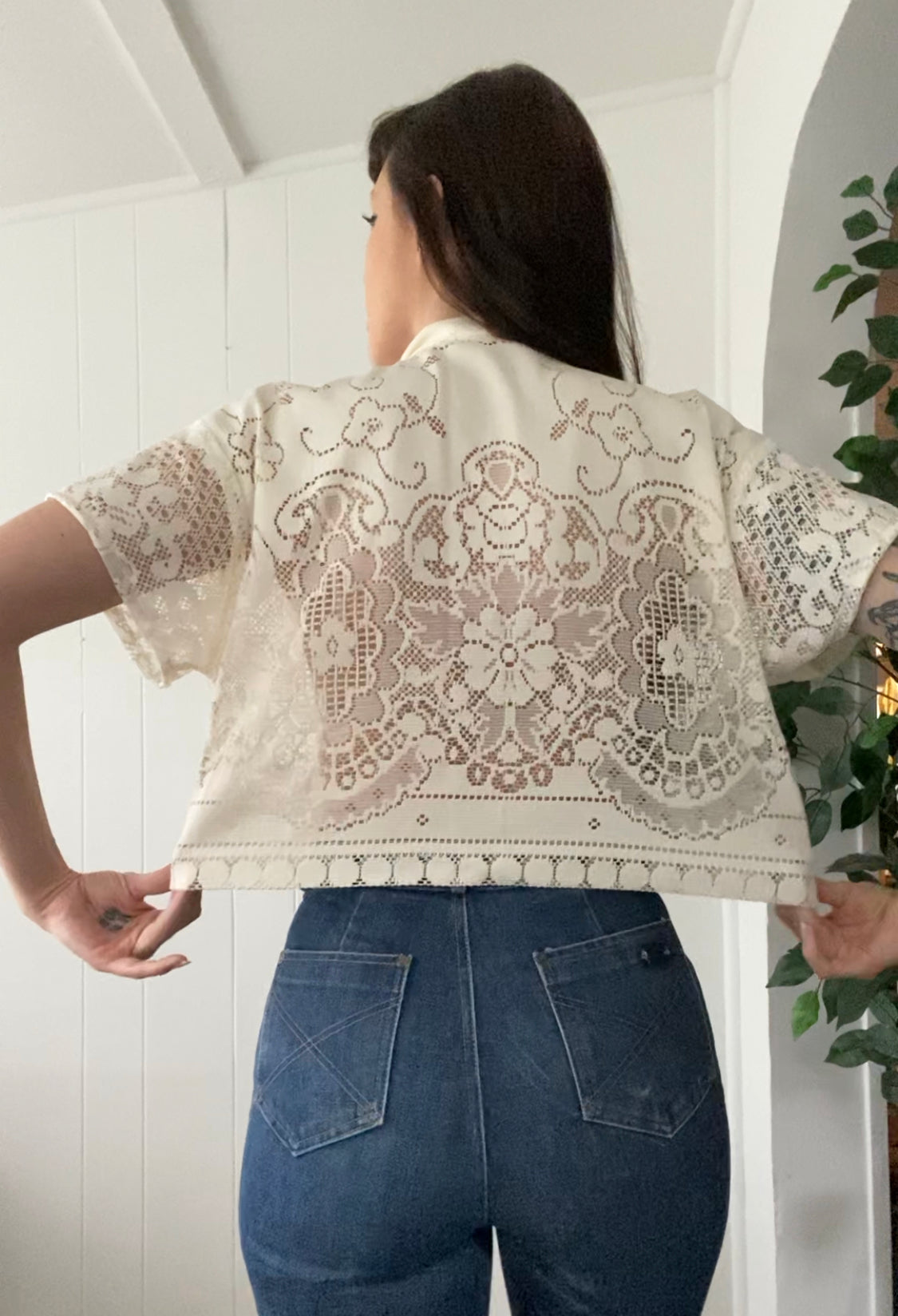 (S/M) Upcycled Tie Front Lace Blouse