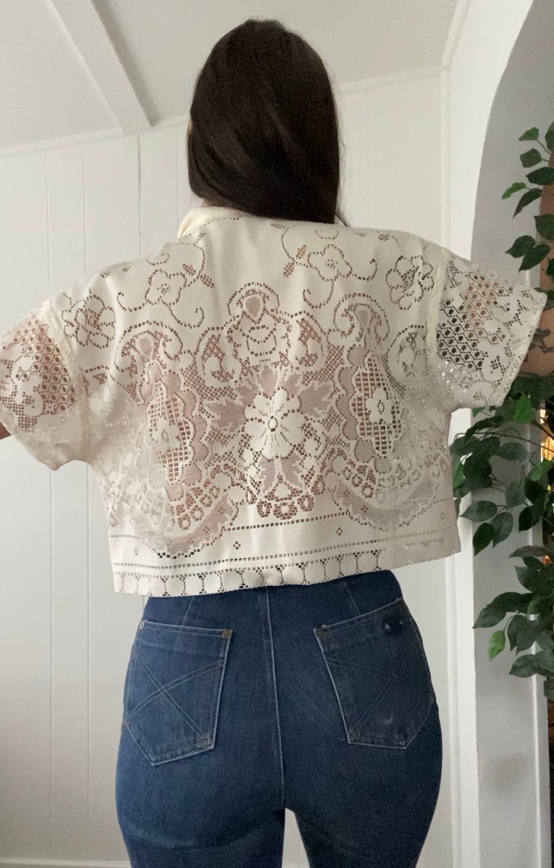 (S/M) Upcycled Tie Front Lace Blouse