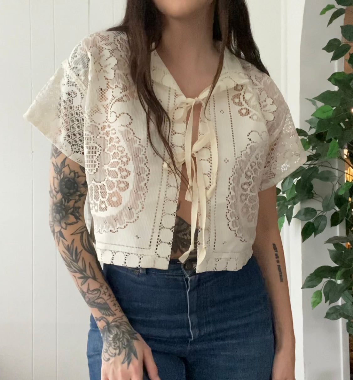 (S/M) Upcycled Tie Front Lace Blouse