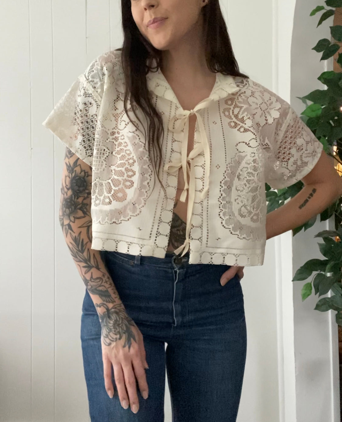 (S/M) Upcycled Tie Front Lace Blouse